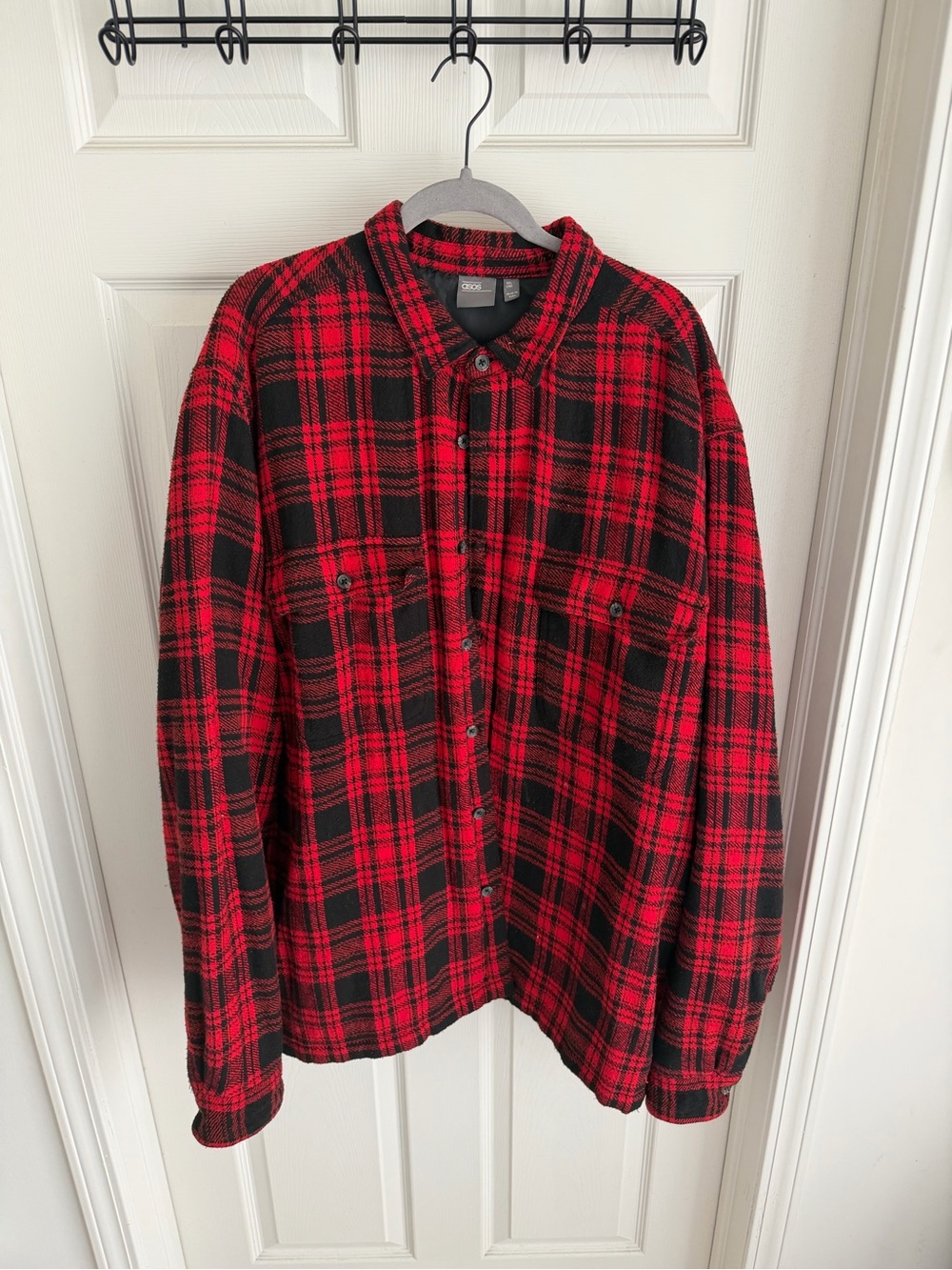 ASOS Red and Black Plaid Button-Front Shirt Jacket